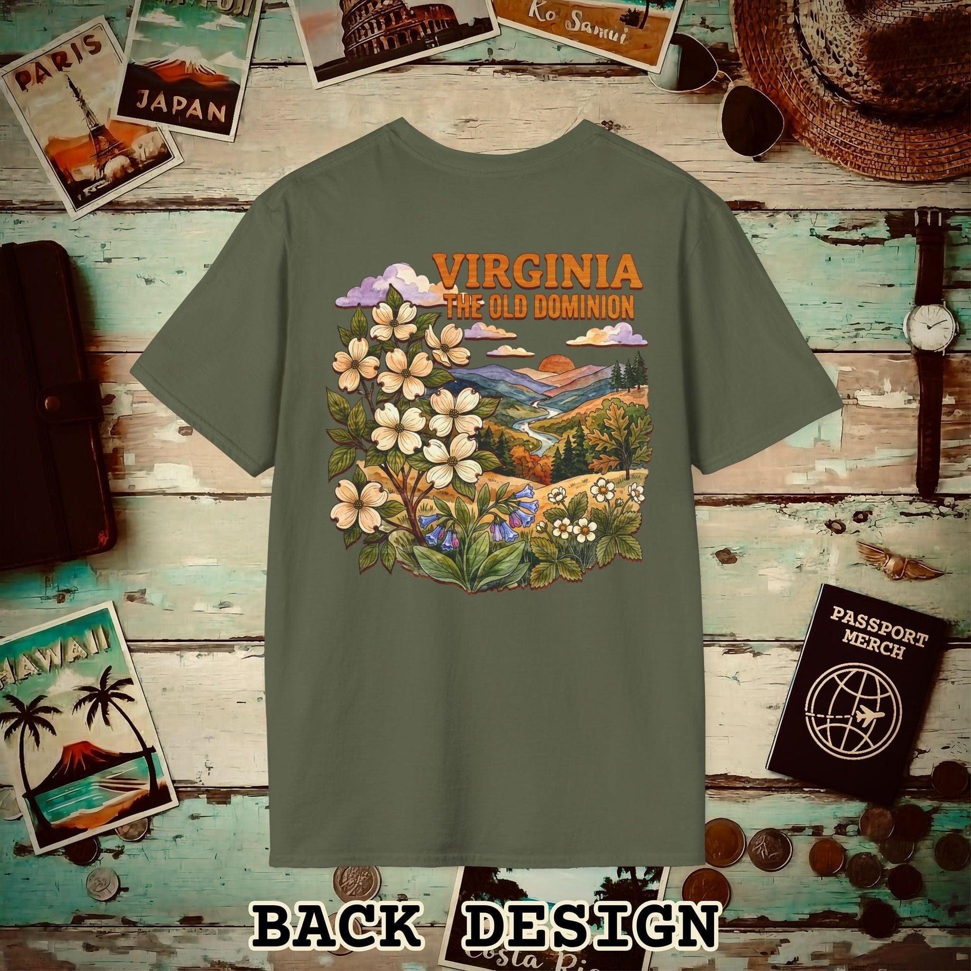 Virginia Flowers in Watercolored Oak Back Print T-Shirt Military Green / S