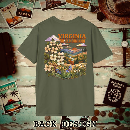 Virginia Flowers in Watercolored Oak Back Print T-Shirt Military Green / S