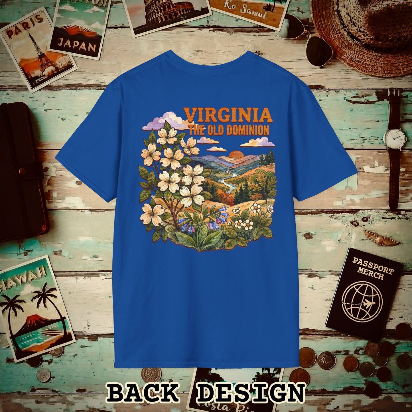Virginia Flowers in Watercolored Oak Back Print T-Shirt Royal / S