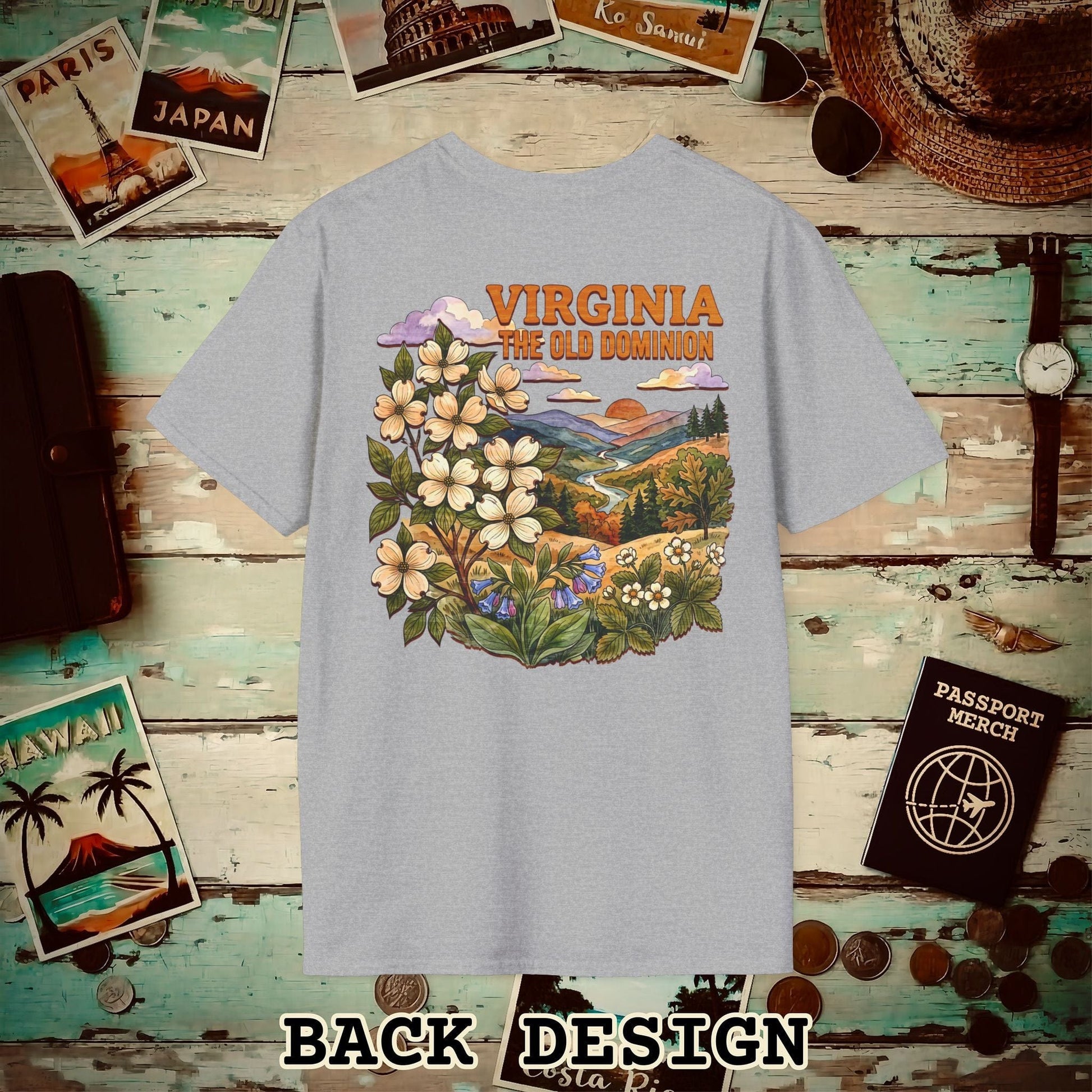 Virginia Flowers in Watercolored Oak Back Print T-Shirt Sport Grey / S