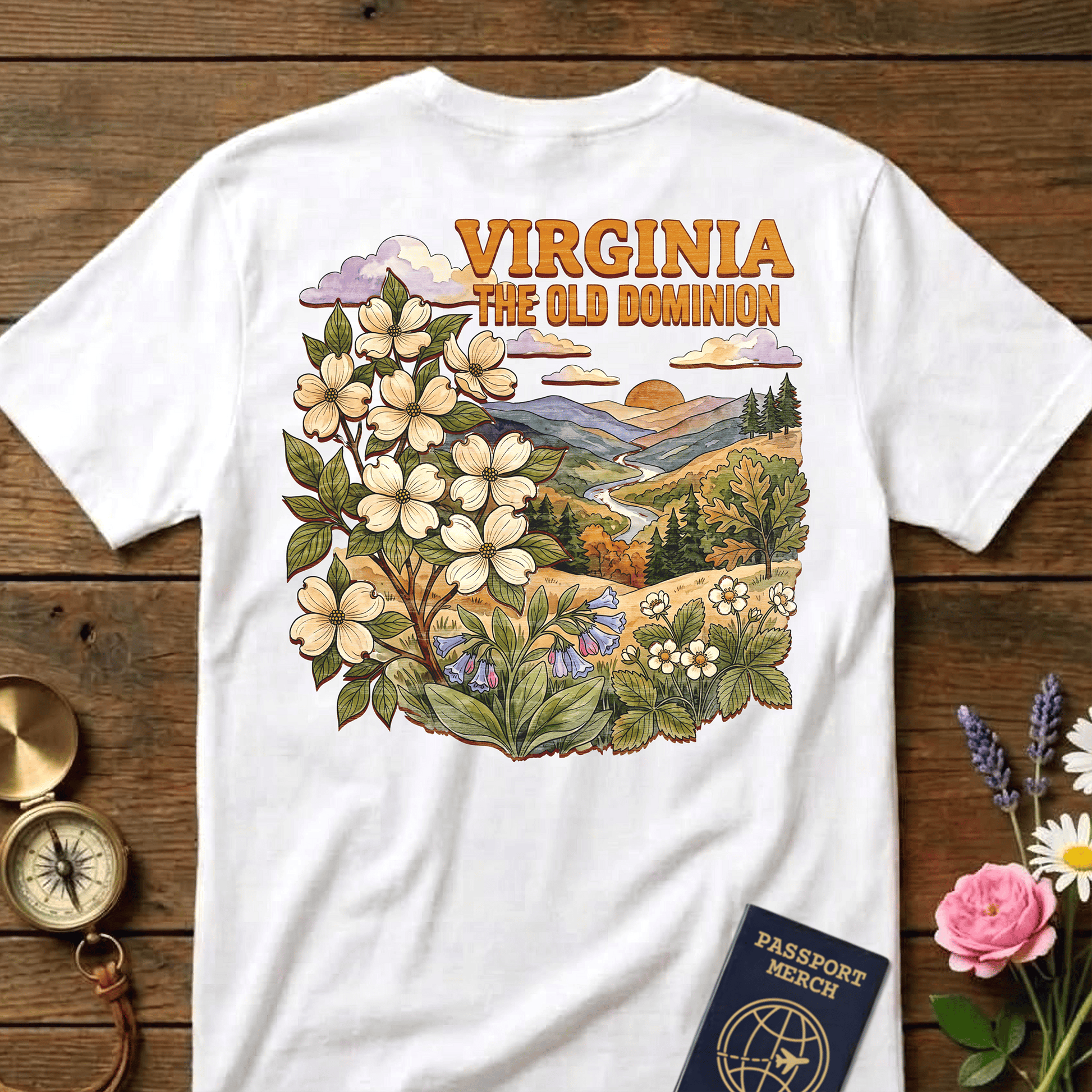 Virginia Flowers in Watercolored Oak Back Print T-Shirt White / S