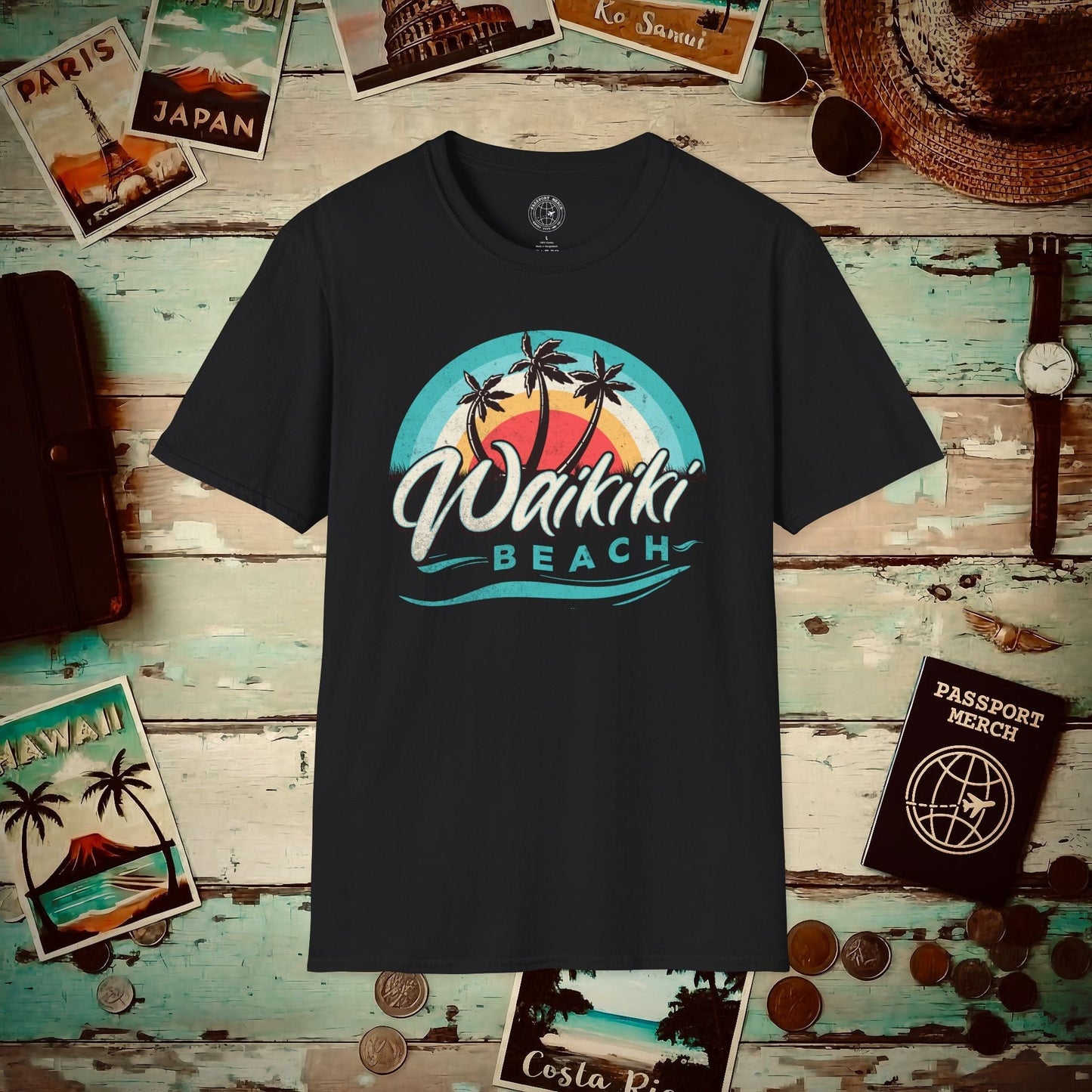 Waikiki Beach Retro Vibes Hawaii T-Shirt Black / S