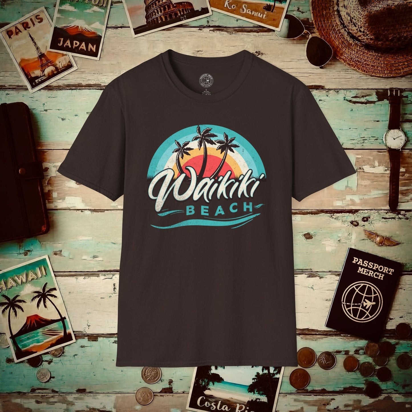 Waikiki Beach Retro Vibes Hawaii T-Shirt Dark Chocolate / S