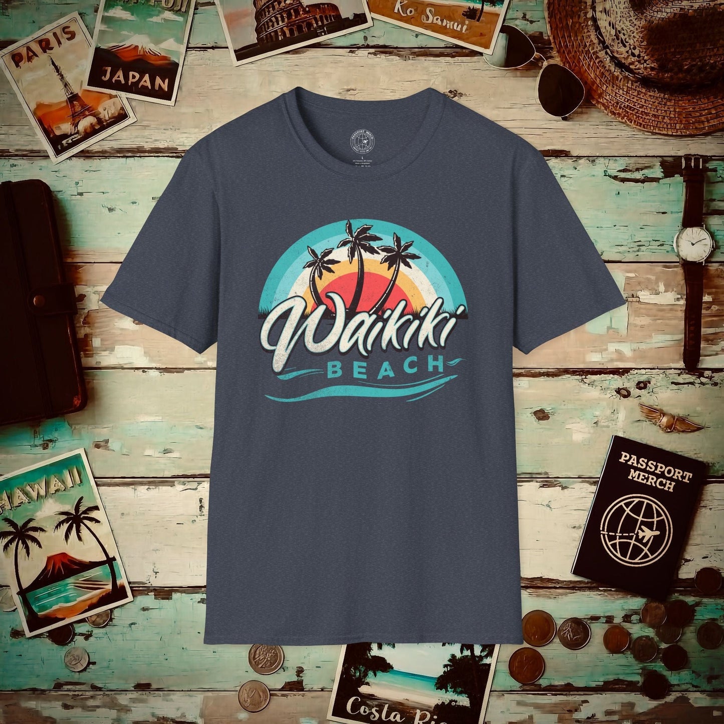 Waikiki Beach Retro Vibes Hawaii T-Shirt Heather Navy / S