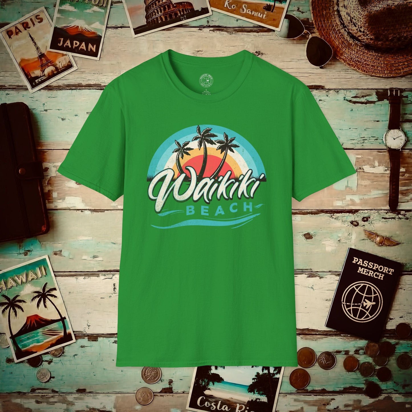 Waikiki Beach Retro Vibes Hawaii T-Shirt Irish Green / S