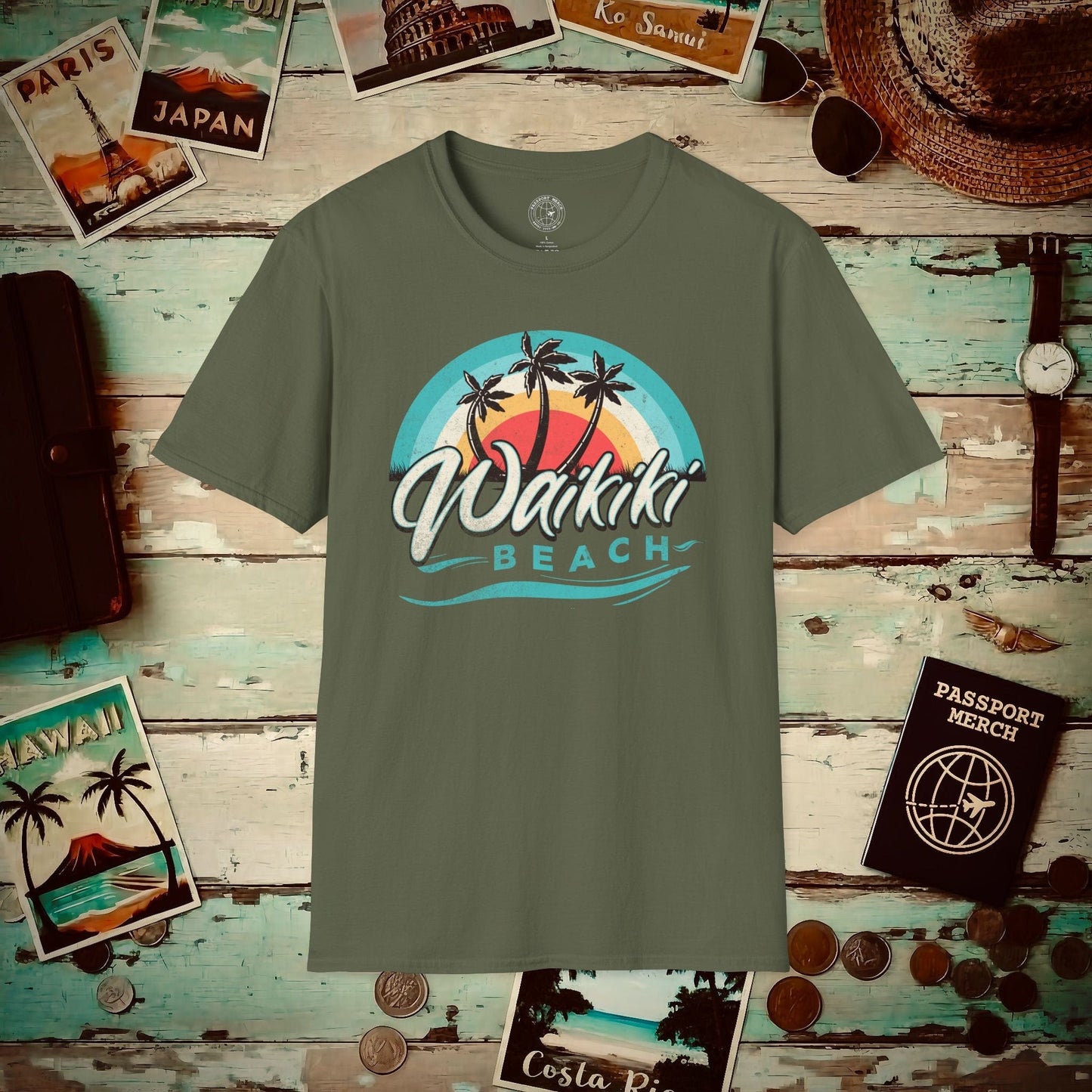 Waikiki Beach Retro Vibes Hawaii T-Shirt Military Green / S