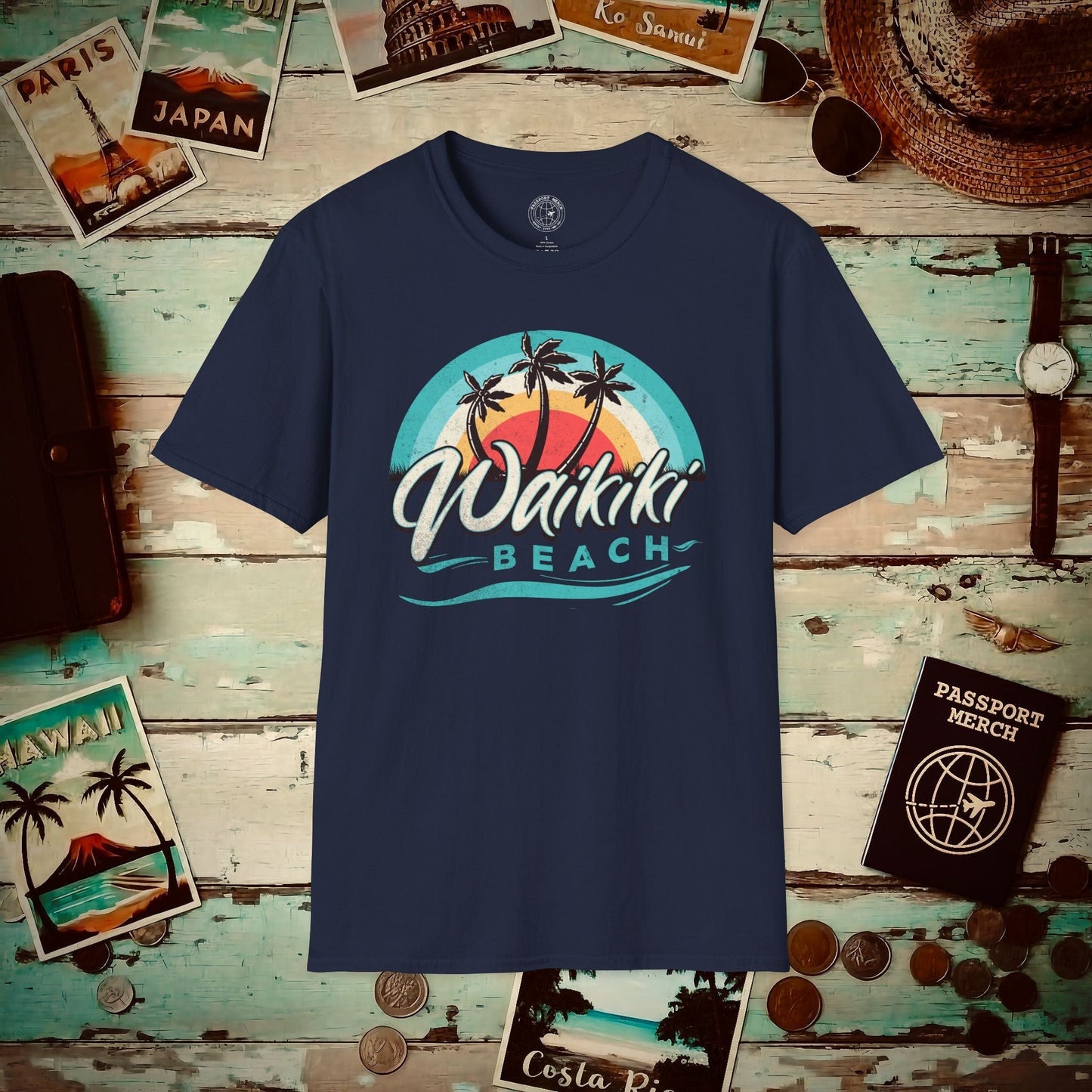 Waikiki Beach Retro Vibes Hawaii T-Shirt Navy / S