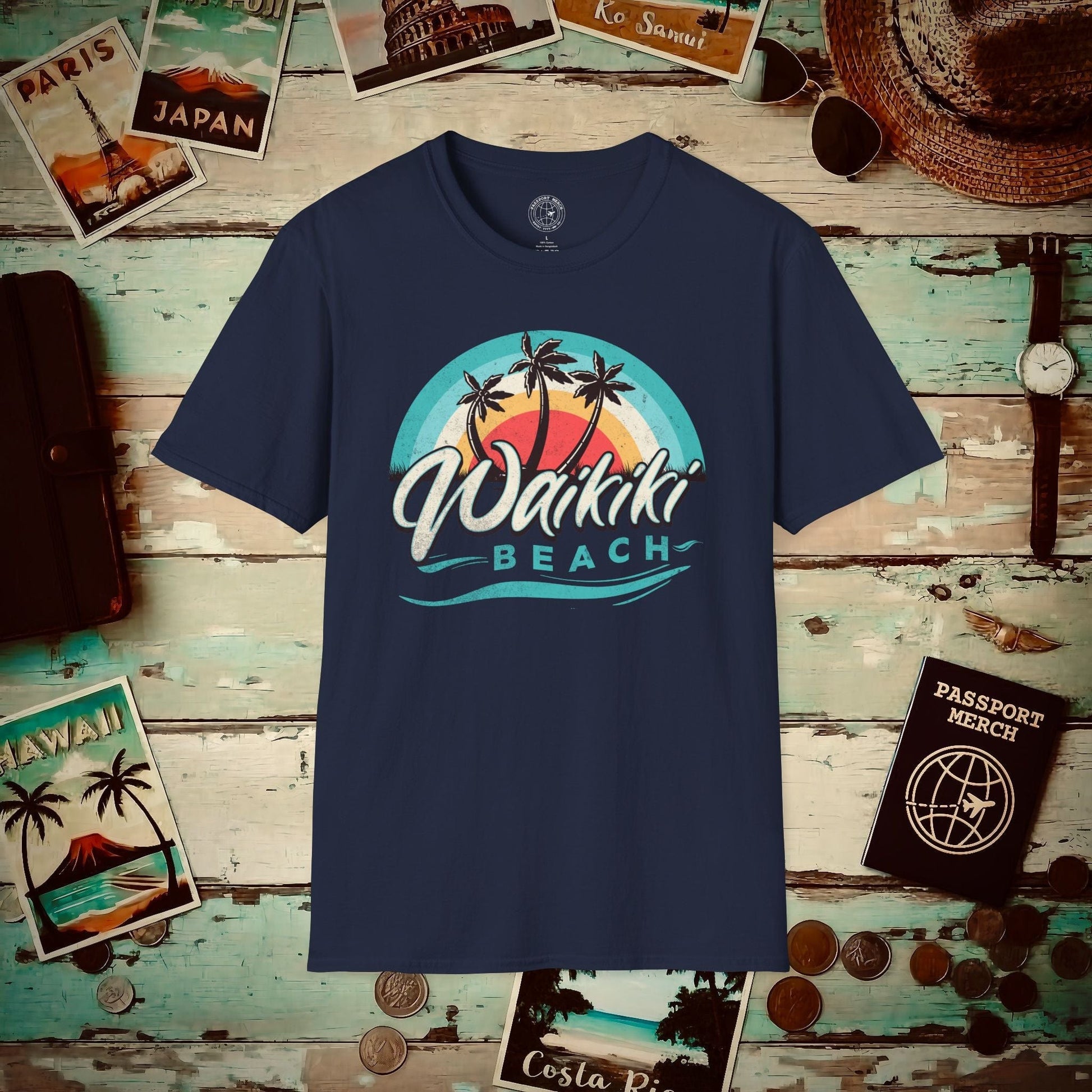 Waikiki Beach Retro Vibes Hawaii T-Shirt Navy / S