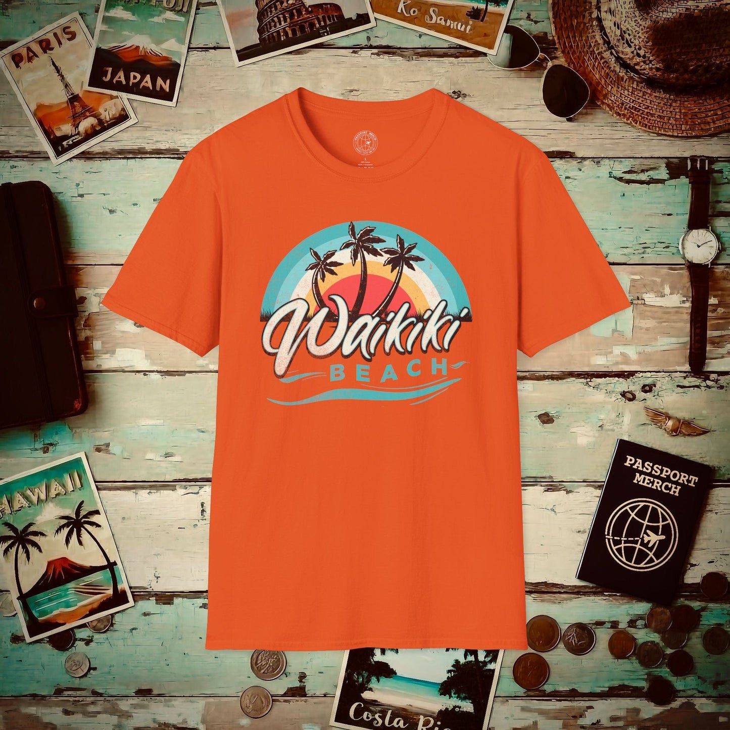 Waikiki Beach Retro Vibes Hawaii T-Shirt Orange / S