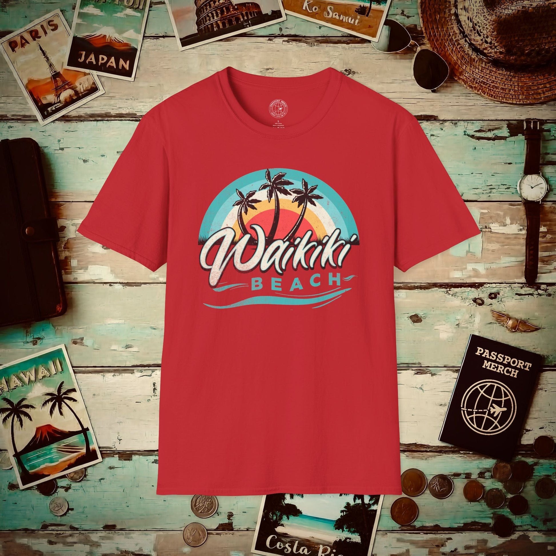 Waikiki Beach Retro Vibes Hawaii T-Shirt Red / S