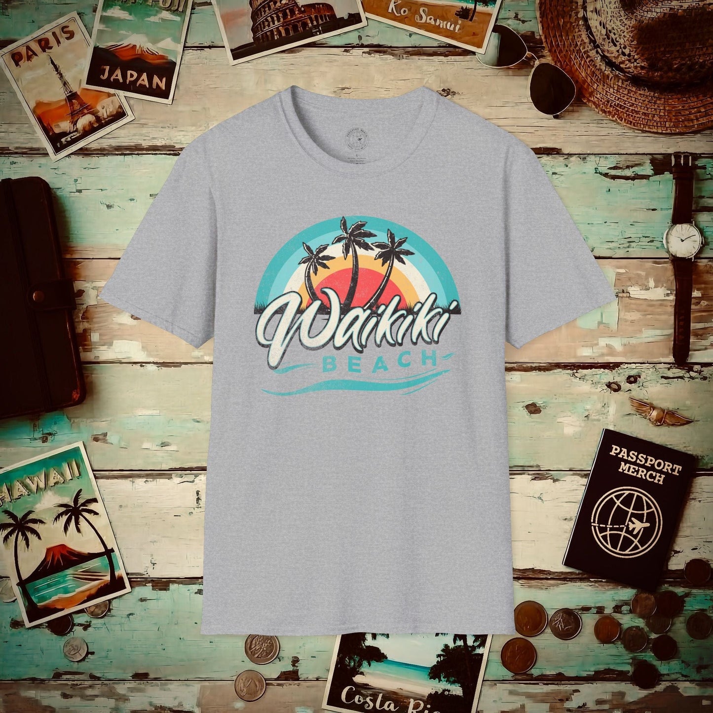 Waikiki Beach Retro Vibes Hawaii T-Shirt Sport Grey / S
