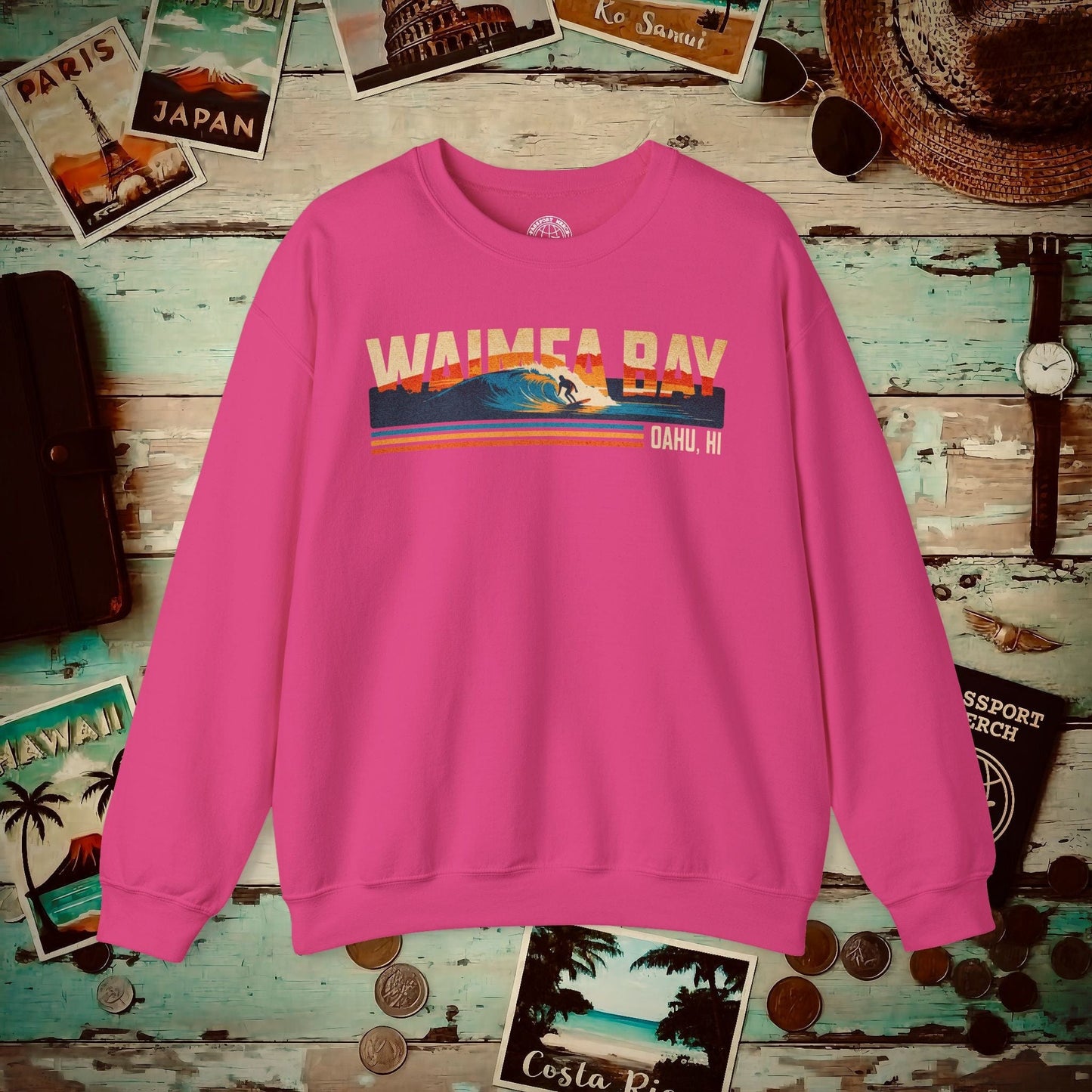 Waimea Bay, Oahu, Hawaii - Vibrant Surf Retro Crewneck Heliconia / S