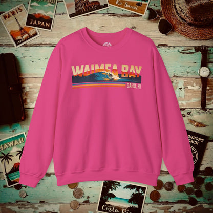 Waimea Bay, Oahu, Hawaii - Vibrant Surf Retro Crewneck Heliconia / S