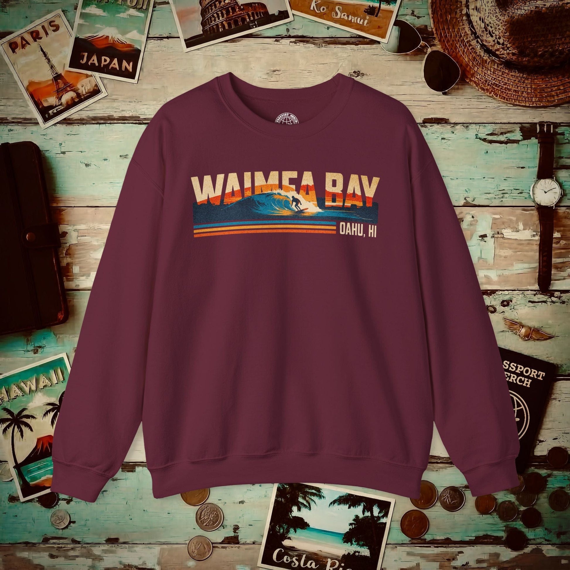 Waimea Bay, Oahu, Hawaii - Vibrant Surf Retro Crewneck Maroon / S