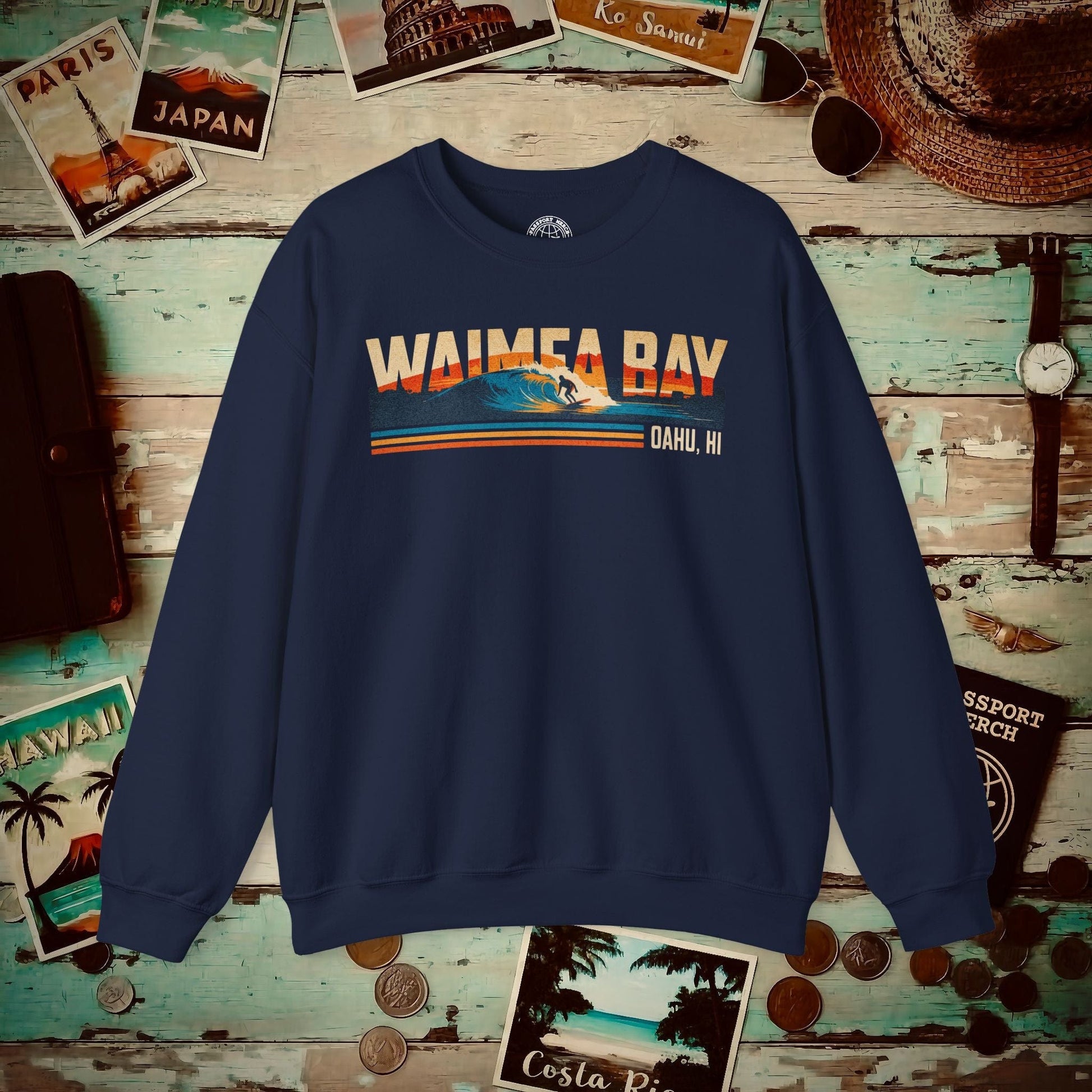 Waimea Bay, Oahu, Hawaii - Vibrant Surf Retro Crewneck Navy / S