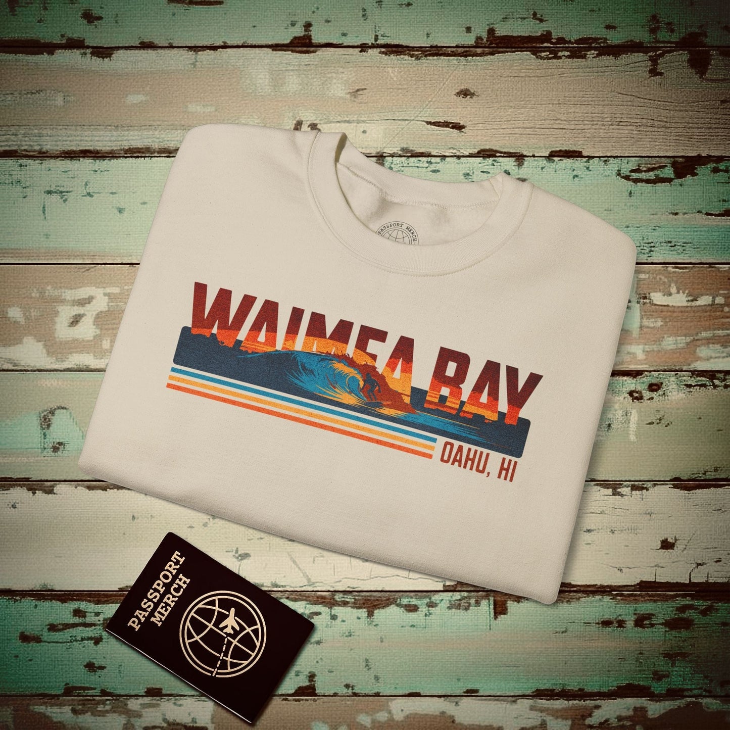 Waimea Bay, Oahu, Hawaii - Vibrant Surf Retro Crewneck Sand / S