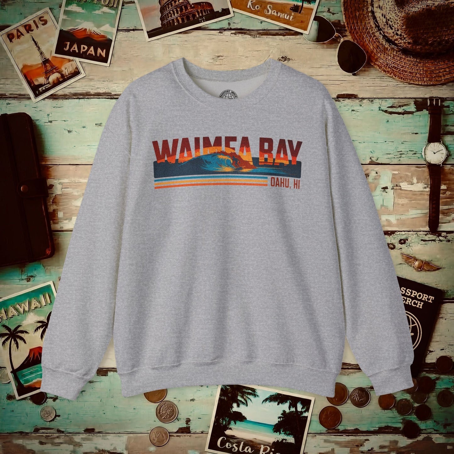 Waimea Bay, Oahu, Hawaii - Vibrant Surf Retro Crewneck Sport Grey / S