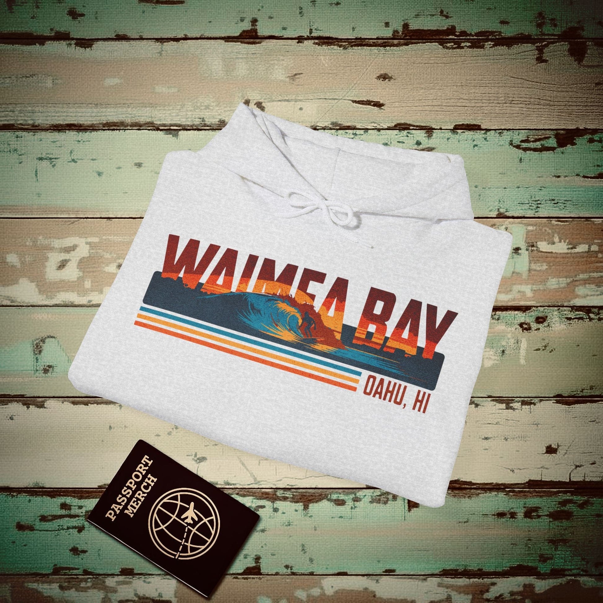 Waimea Bay, Oahu, Hawaii - Vibrant Surf Retro Hoodie Ash / S