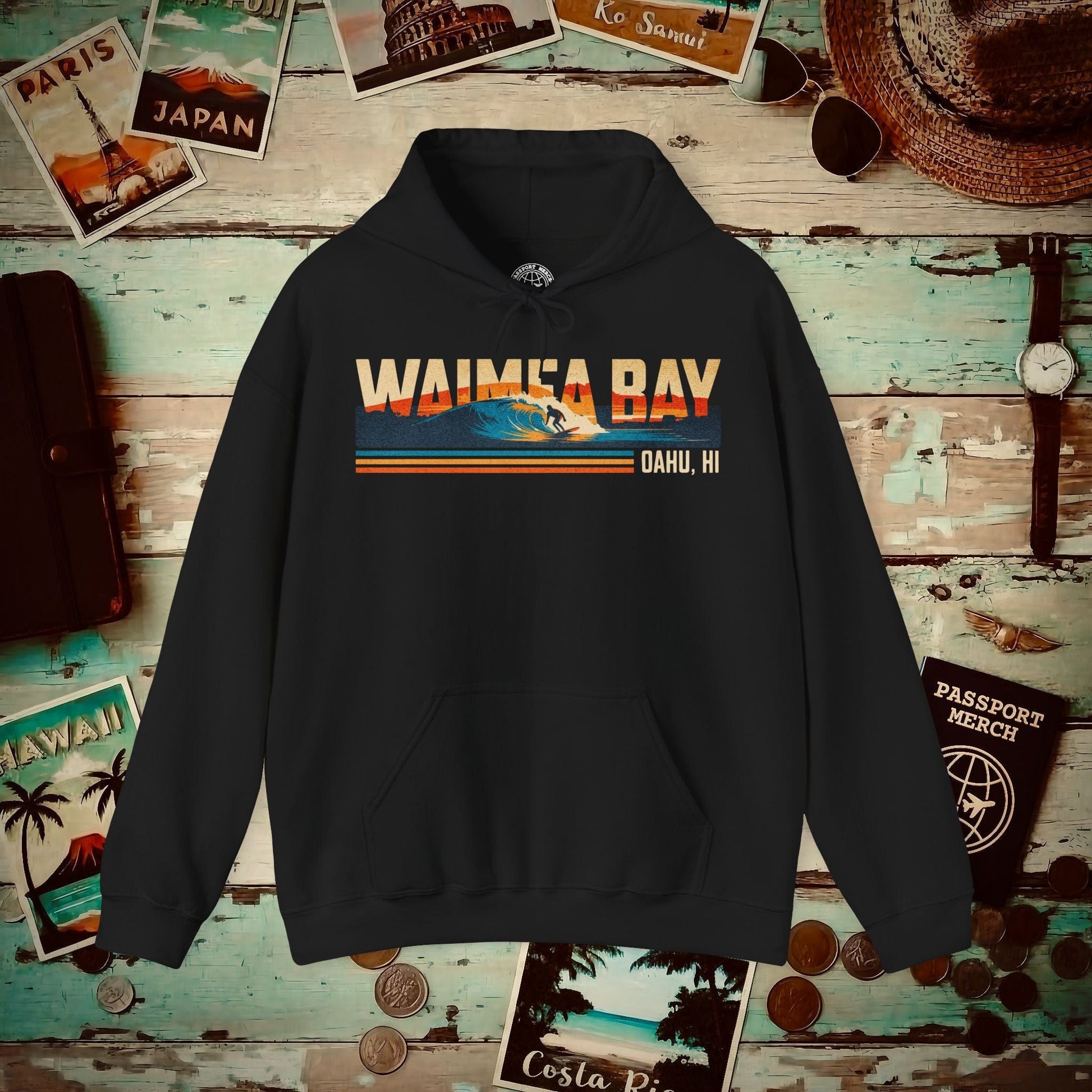 Waimea Bay, Oahu, Hawaii - Vibrant Surf Retro Hoodie Black / S