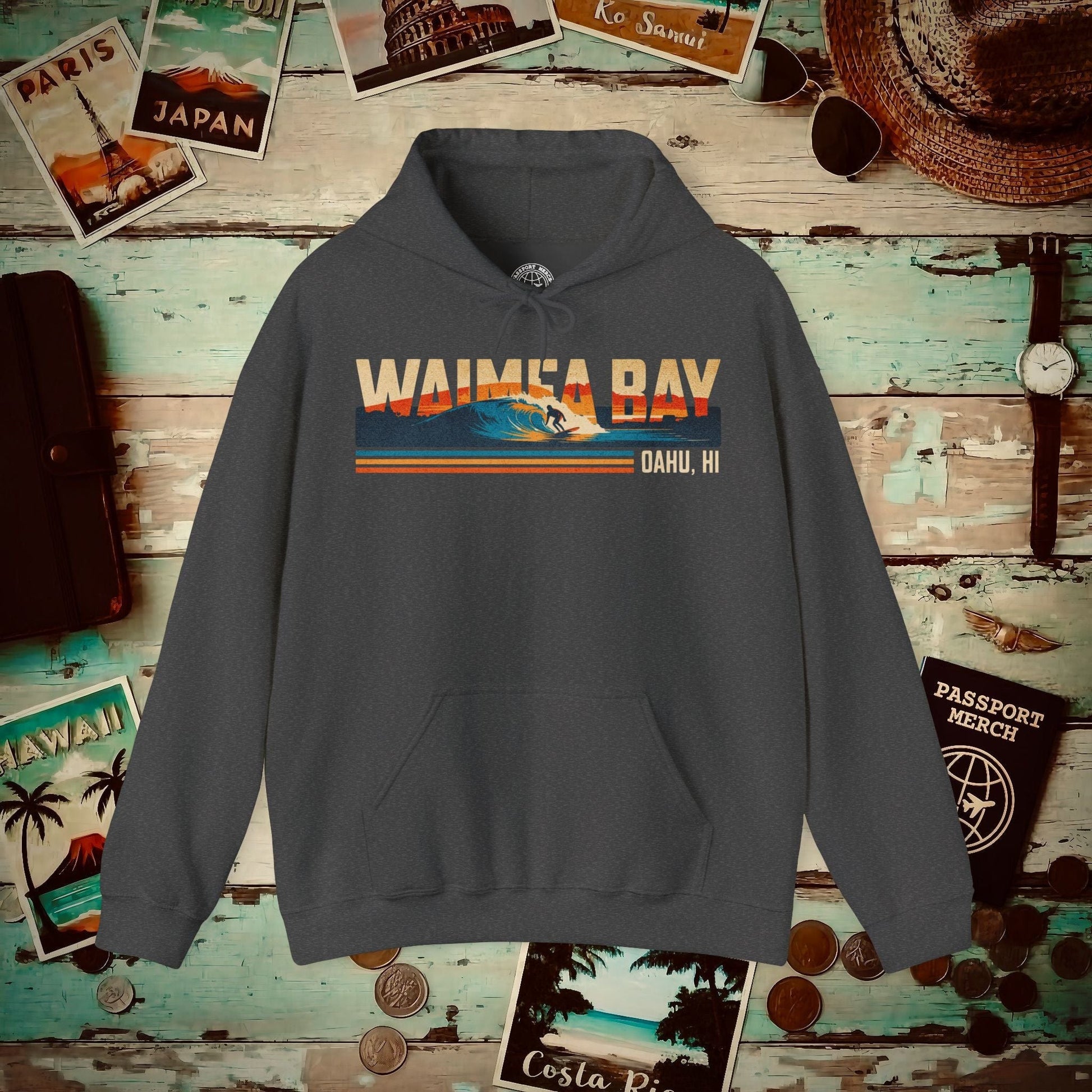Waimea Bay, Oahu, Hawaii - Vibrant Surf Retro Hoodie Dark Heather / S