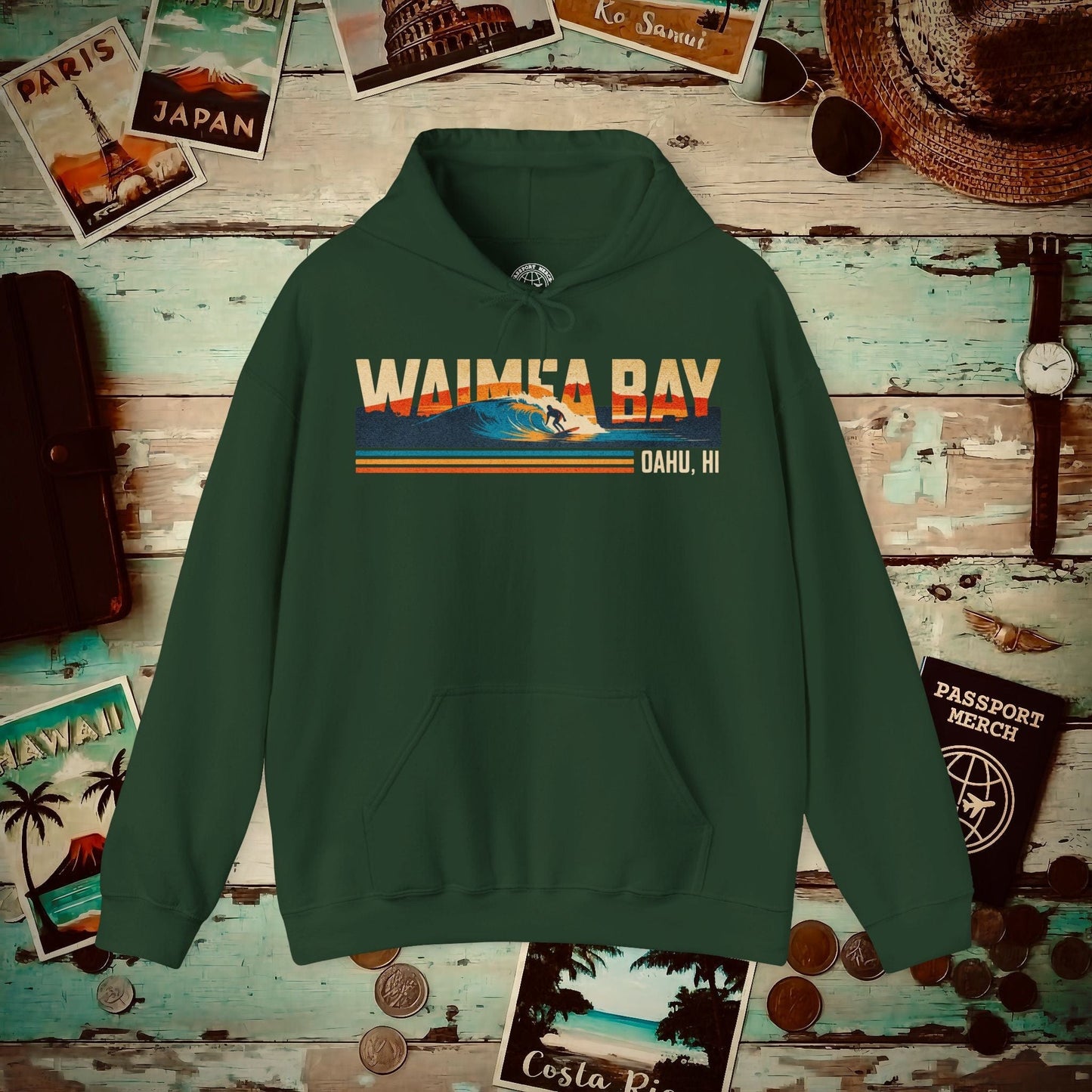 Waimea Bay, Oahu, Hawaii - Vibrant Surf Retro Hoodie Forest Green / S