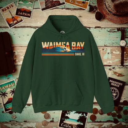 Waimea Bay, Oahu, Hawaii - Vibrant Surf Retro Hoodie Forest Green / S