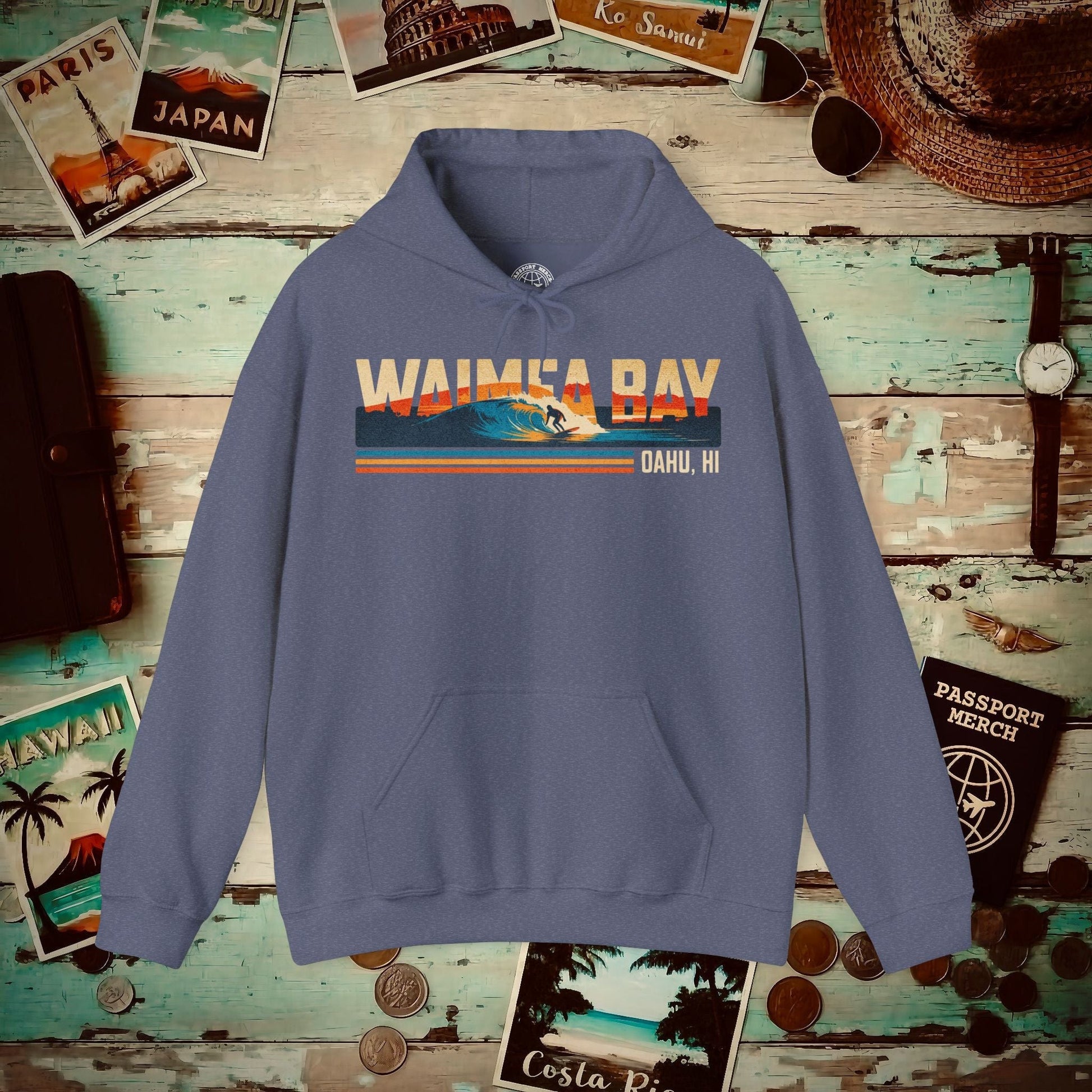 Waimea Bay, Oahu, Hawaii - Vibrant Surf Retro Hoodie Heather Navy / S