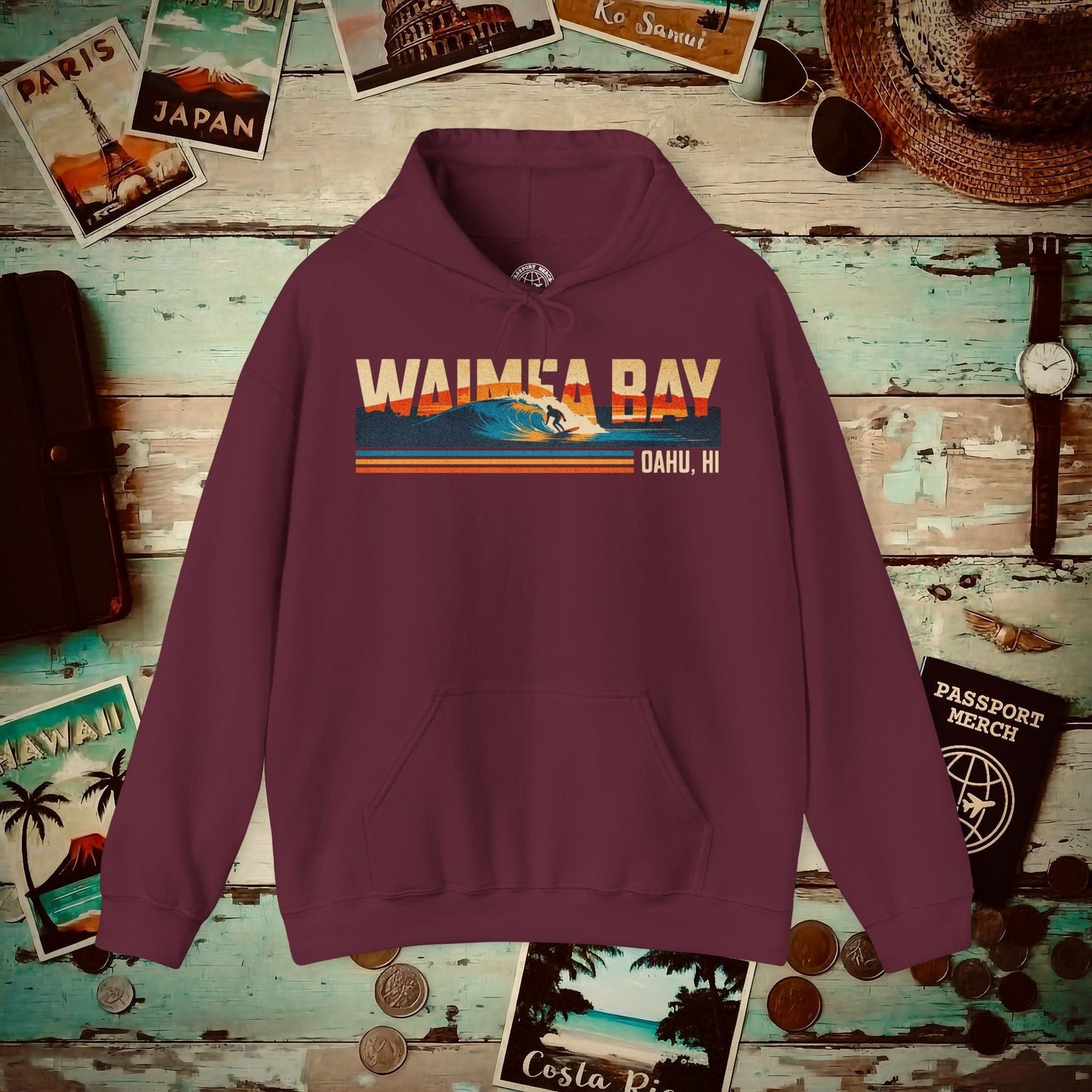 Waimea Bay, Oahu, Hawaii - Vibrant Surf Retro Hoodie Maroon / S