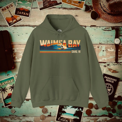 Waimea Bay, Oahu, Hawaii - Vibrant Surf Retro Hoodie Military Green / S