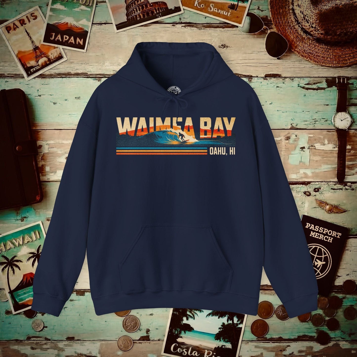 Waimea Bay, Oahu, Hawaii - Vibrant Surf Retro Hoodie Navy / S