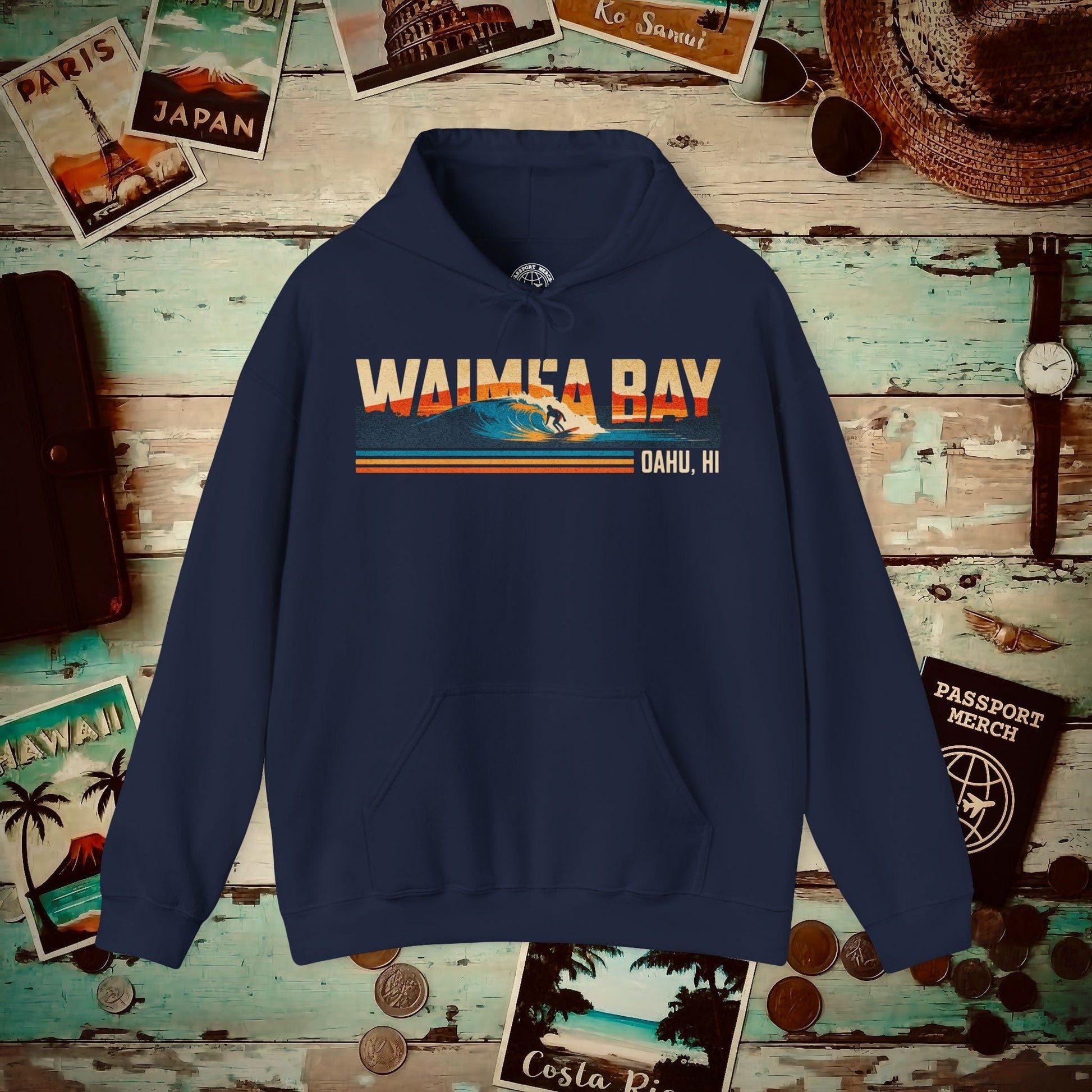 Waimea Bay, Oahu, Hawaii - Vibrant Surf Retro Hoodie Navy / S