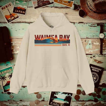 Waimea Bay, Oahu, Hawaii - Vibrant Surf Retro Hoodie Sand / S