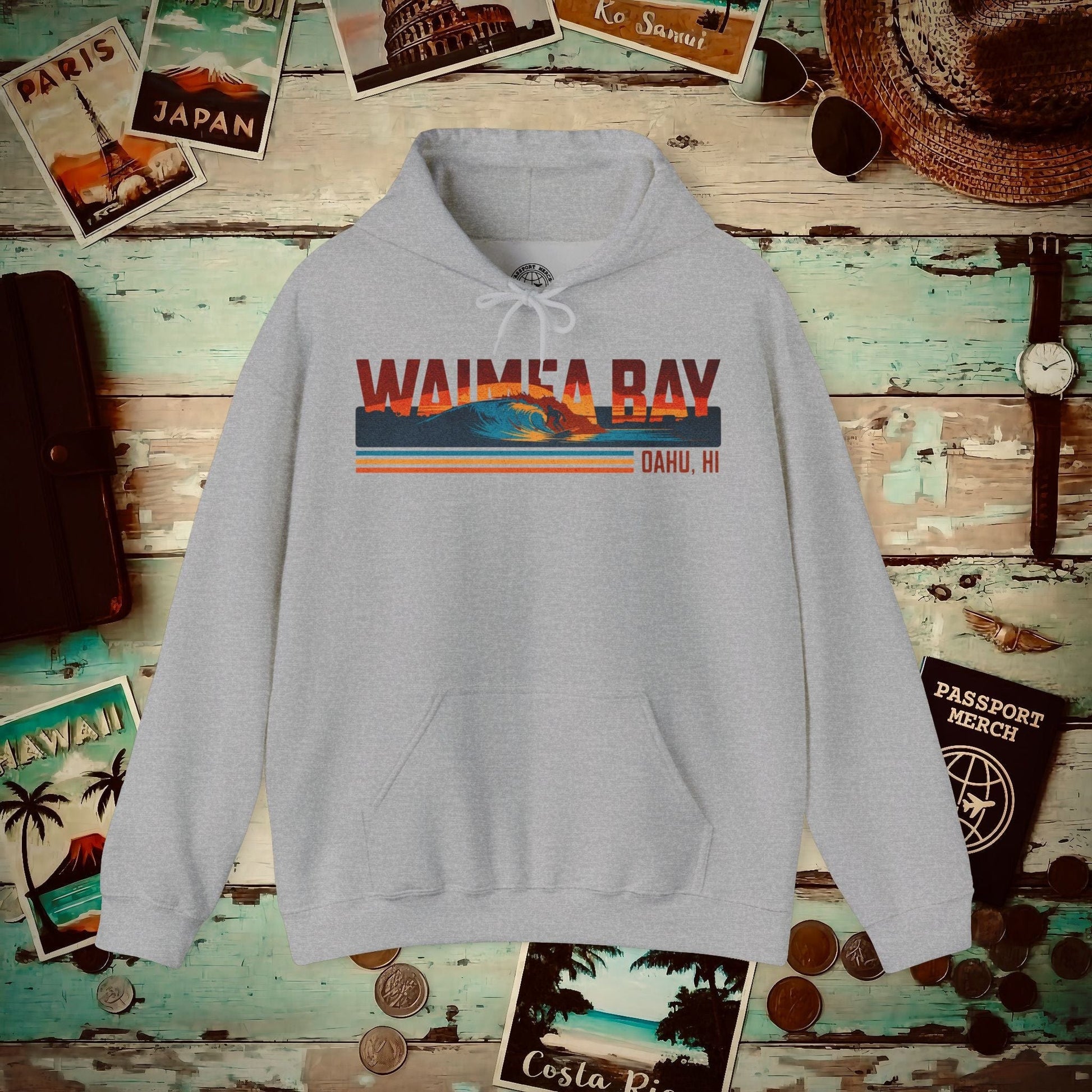 Waimea Bay, Oahu, Hawaii - Vibrant Surf Retro Hoodie Sport Grey / S