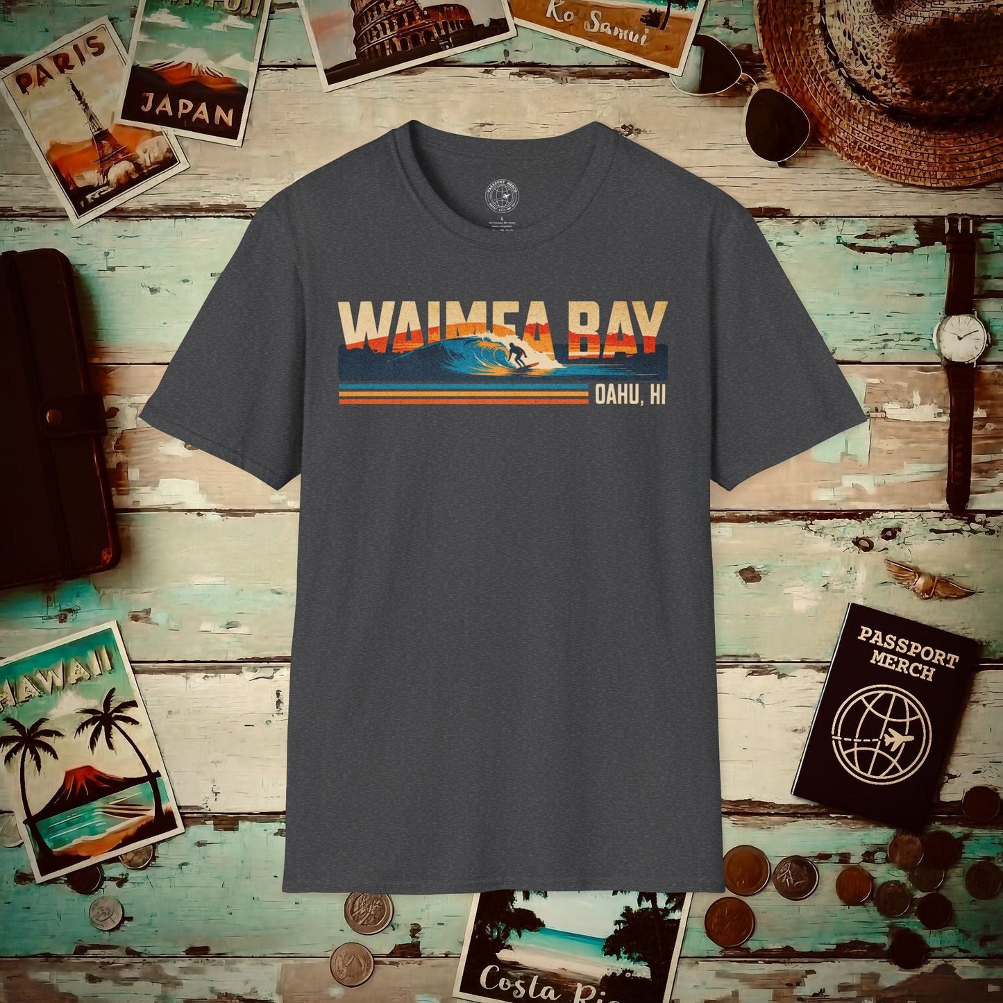 Waimea Bay, Oahu, Hawaii - Vibrant Surf Retro T-Shirt Dark Heather / S