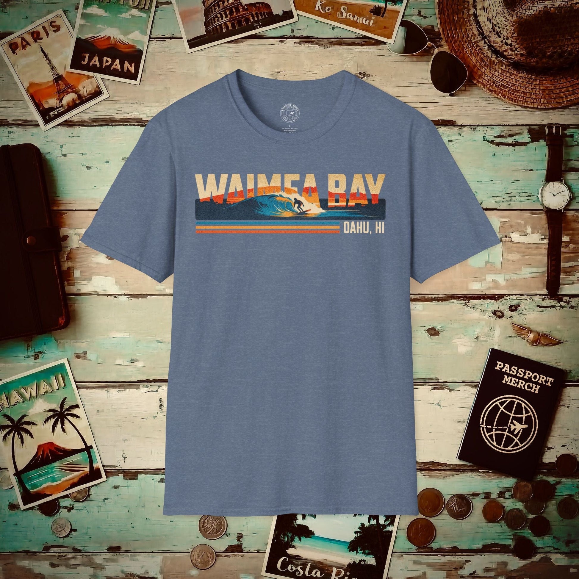 Waimea Bay, Oahu, Hawaii - Vibrant Surf Retro T-Shirt Heather Indigo / S
