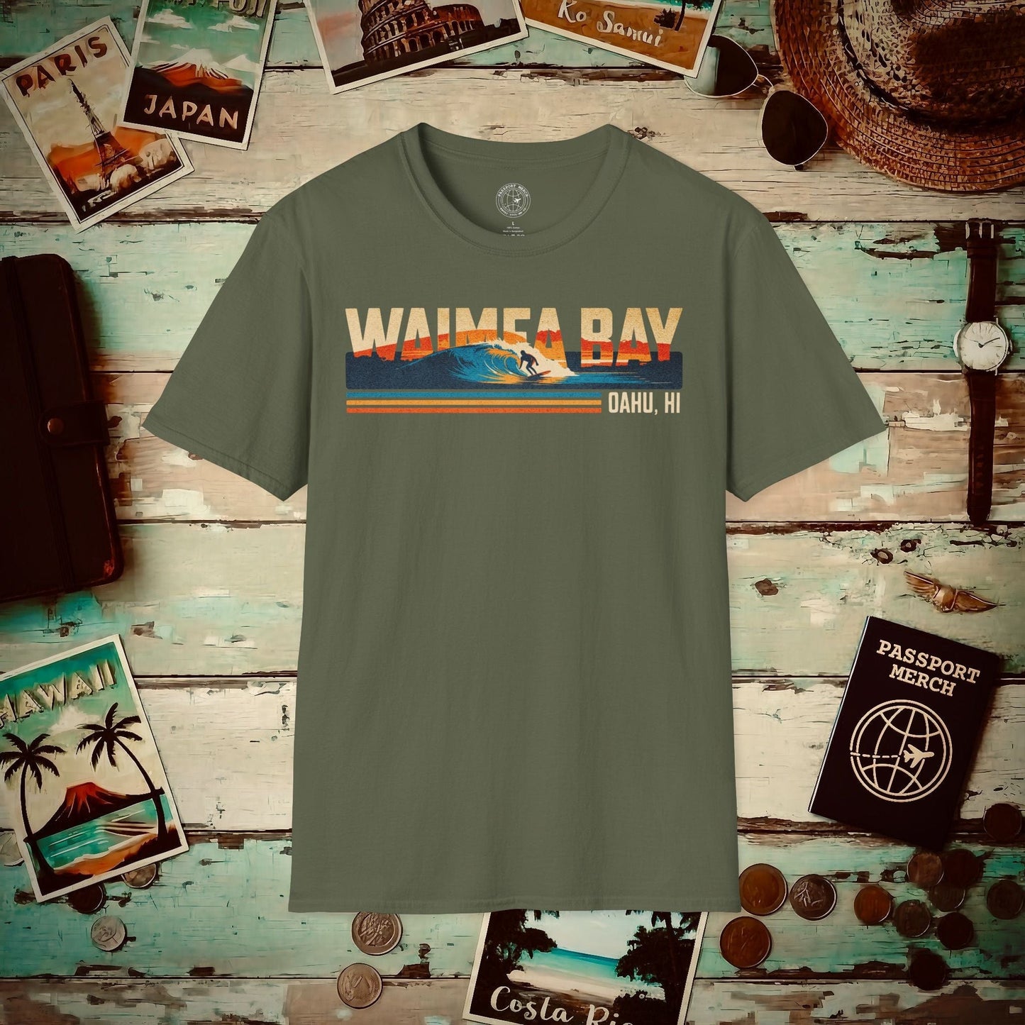 Waimea Bay, Oahu, Hawaii - Vibrant Surf Retro T-Shirt Military Green / S