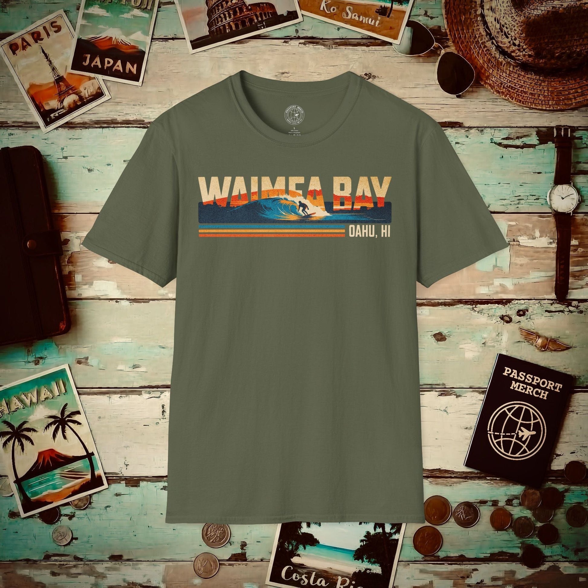 Waimea Bay, Oahu, Hawaii - Vibrant Surf Retro T-Shirt Military Green / S