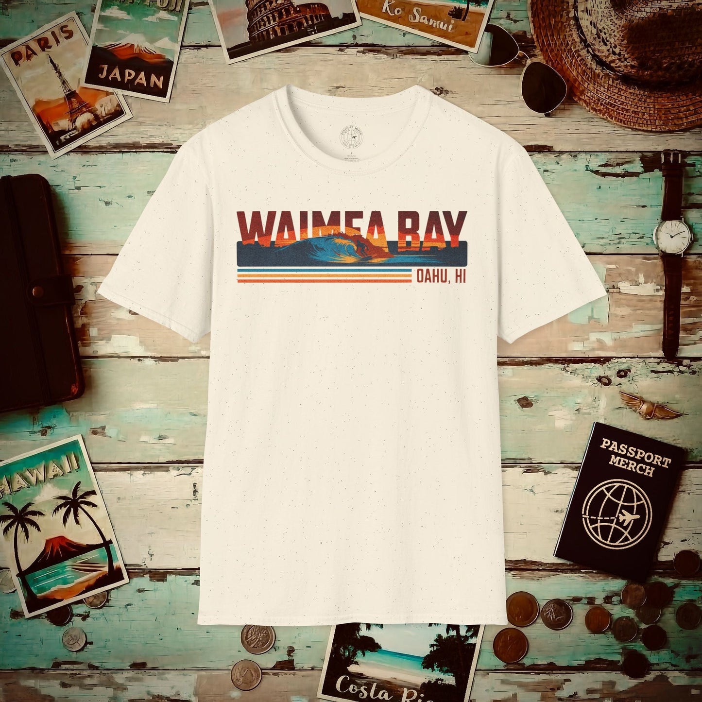 Waimea Bay, Oahu, Hawaii - Vibrant Surf Retro T-Shirt Natural / S