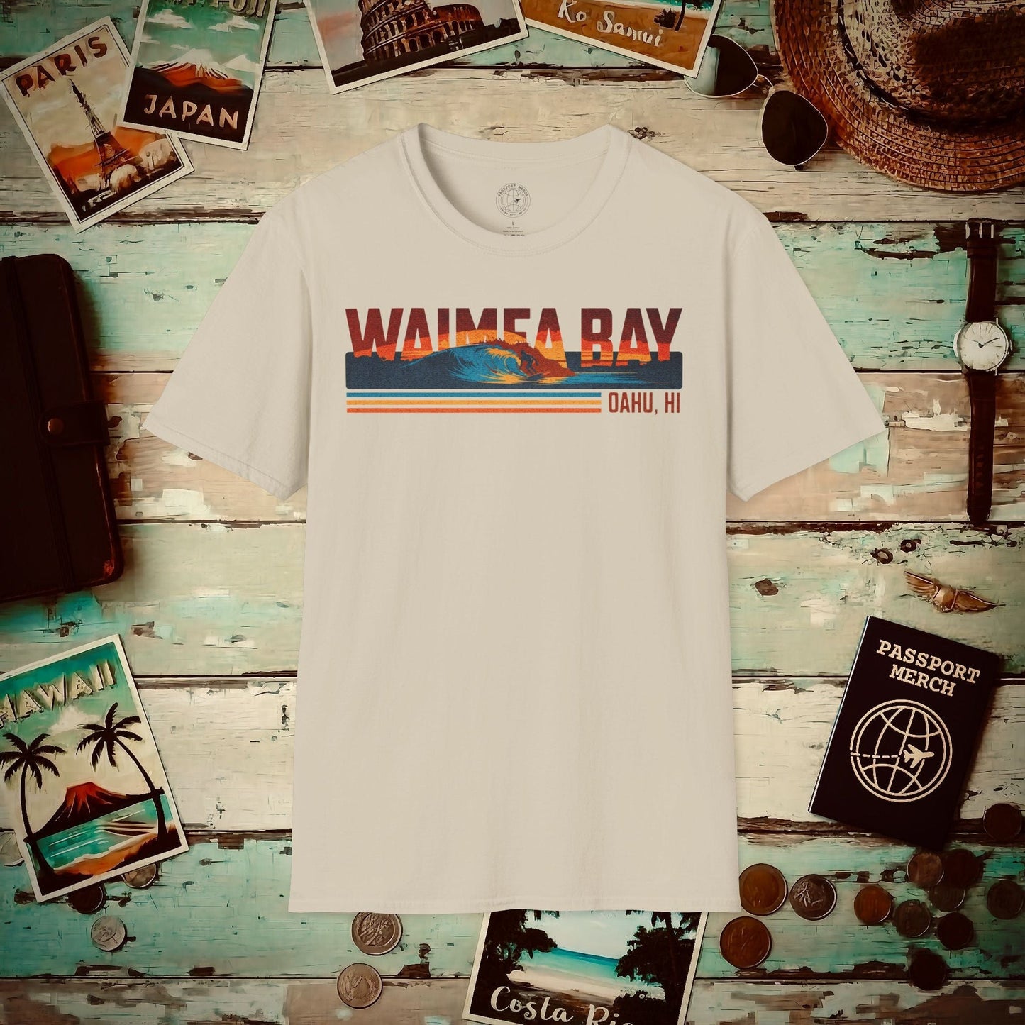 Waimea Bay, Oahu, Hawaii - Vibrant Surf Retro T-Shirt Sand / S