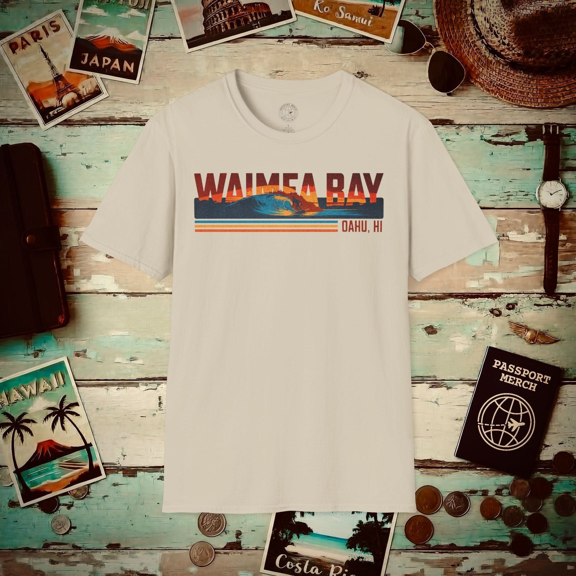 Waimea Bay, Oahu, Hawaii - Vibrant Surf Retro T-Shirt Sand / S