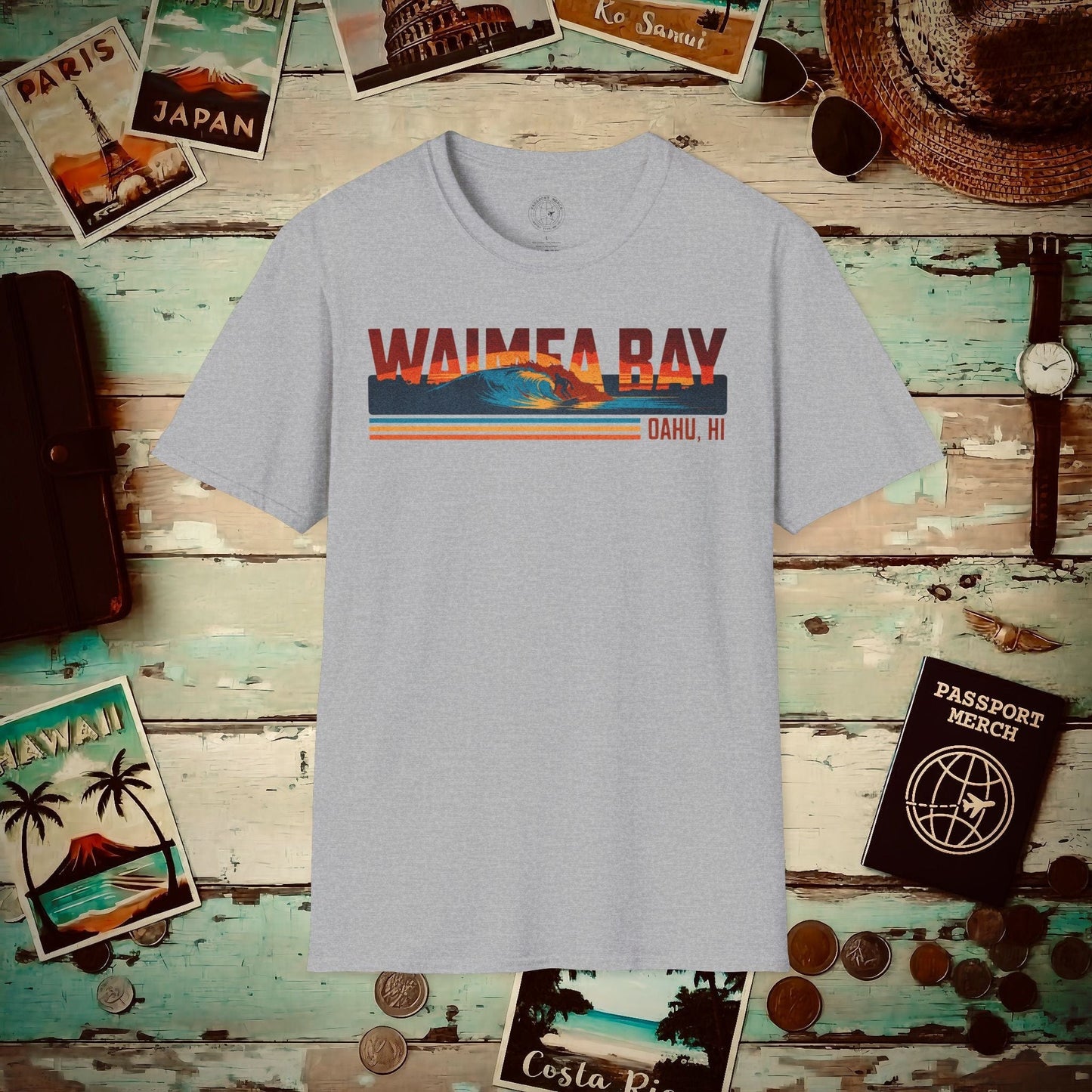 Waimea Bay, Oahu, Hawaii - Vibrant Surf Retro T-Shirt Sport Grey / S