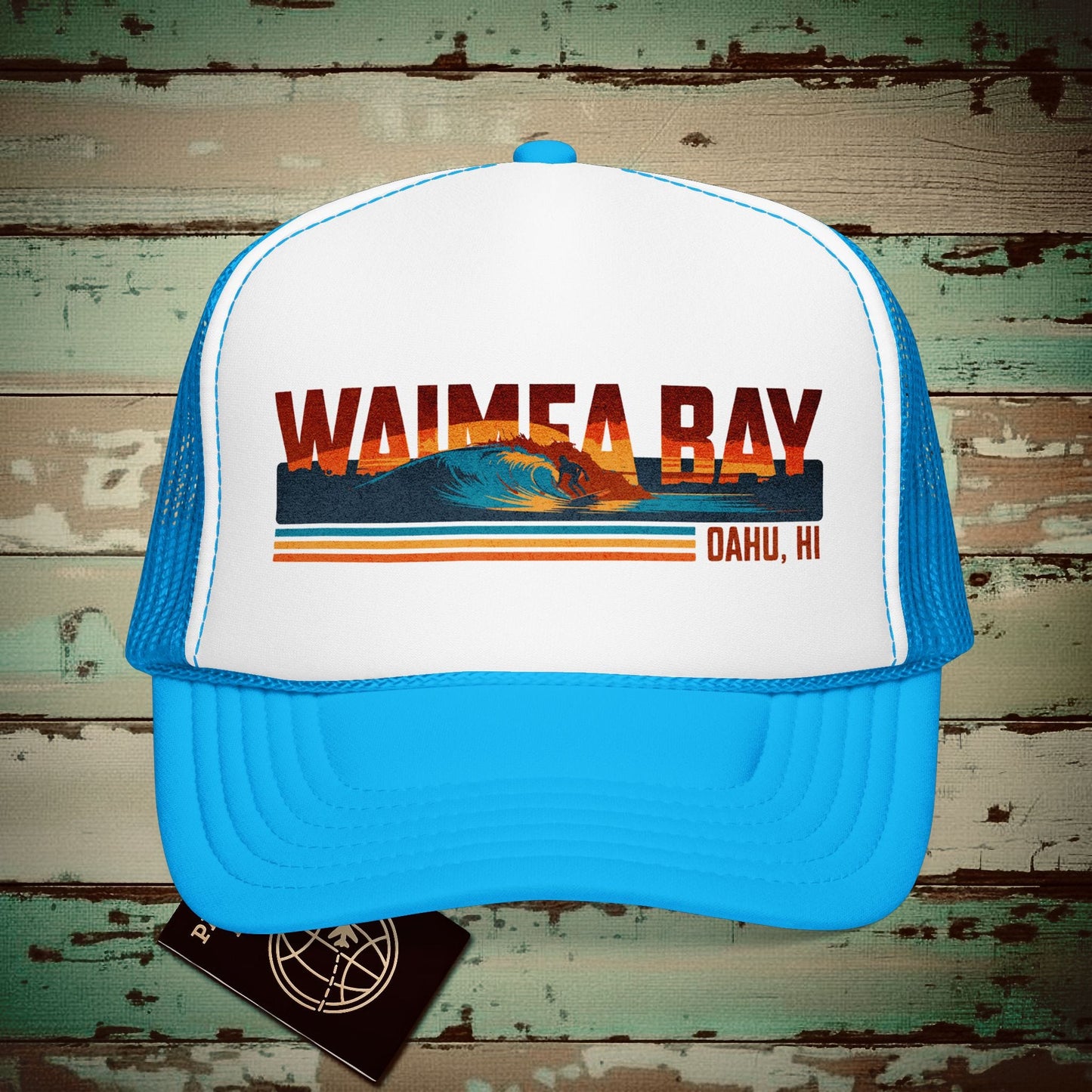Waimea Bay, Oahu, Hawaii - Vibrant Surf Retro Trucker Hat Blue/White / One size
