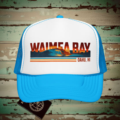 Waimea Bay, Oahu, Hawaii - Vibrant Surf Retro Trucker Hat Blue/White / One size