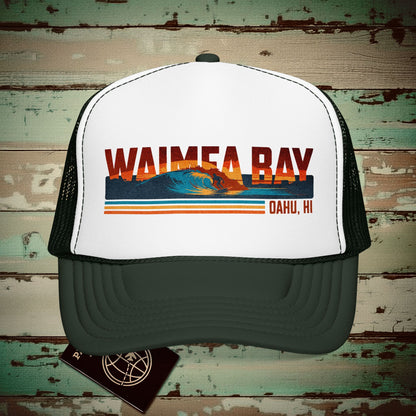 Waimea Bay, Oahu, Hawaii - Vibrant Surf Retro Trucker Hat Dark Green / White / Dark Green / One size