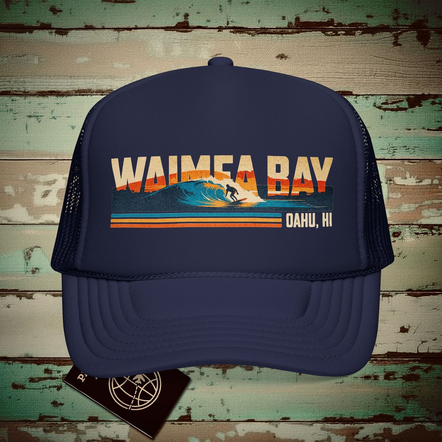 Waimea Bay, Oahu, Hawaii - Vibrant Surf Retro Trucker Hat Dark Navy / One size