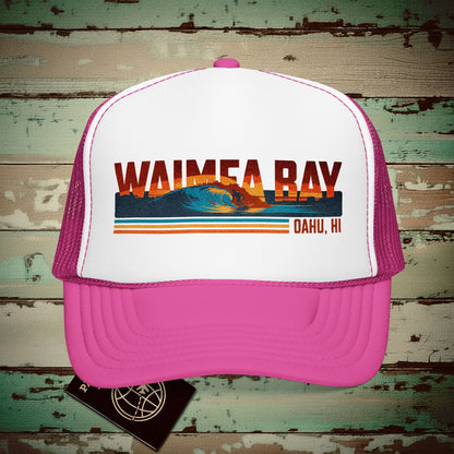 Waimea Bay, Oahu, Hawaii - Vibrant Surf Retro Trucker Hat Hot Pink/ White/ Hot Pink / One size