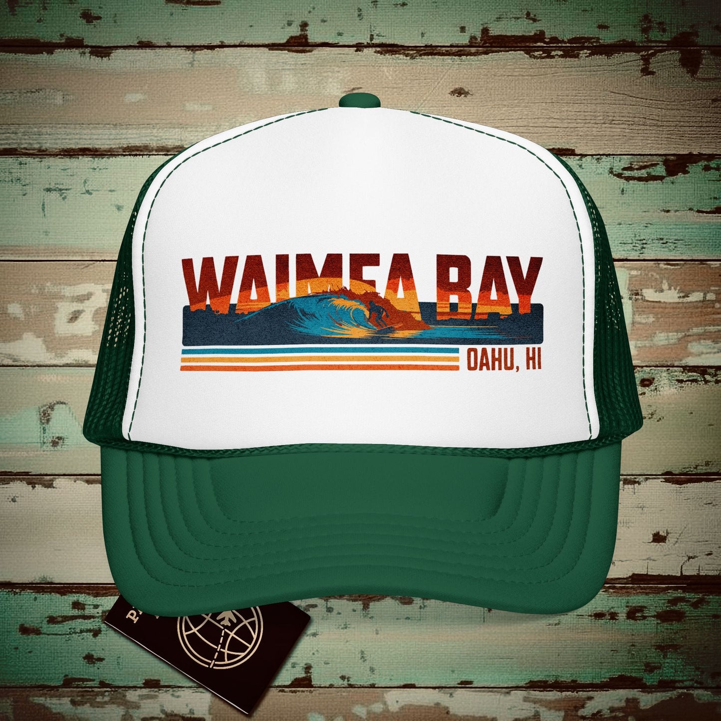Waimea Bay, Oahu, Hawaii - Vibrant Surf Retro Trucker Hat Kelly/ White/ Kelly / One size