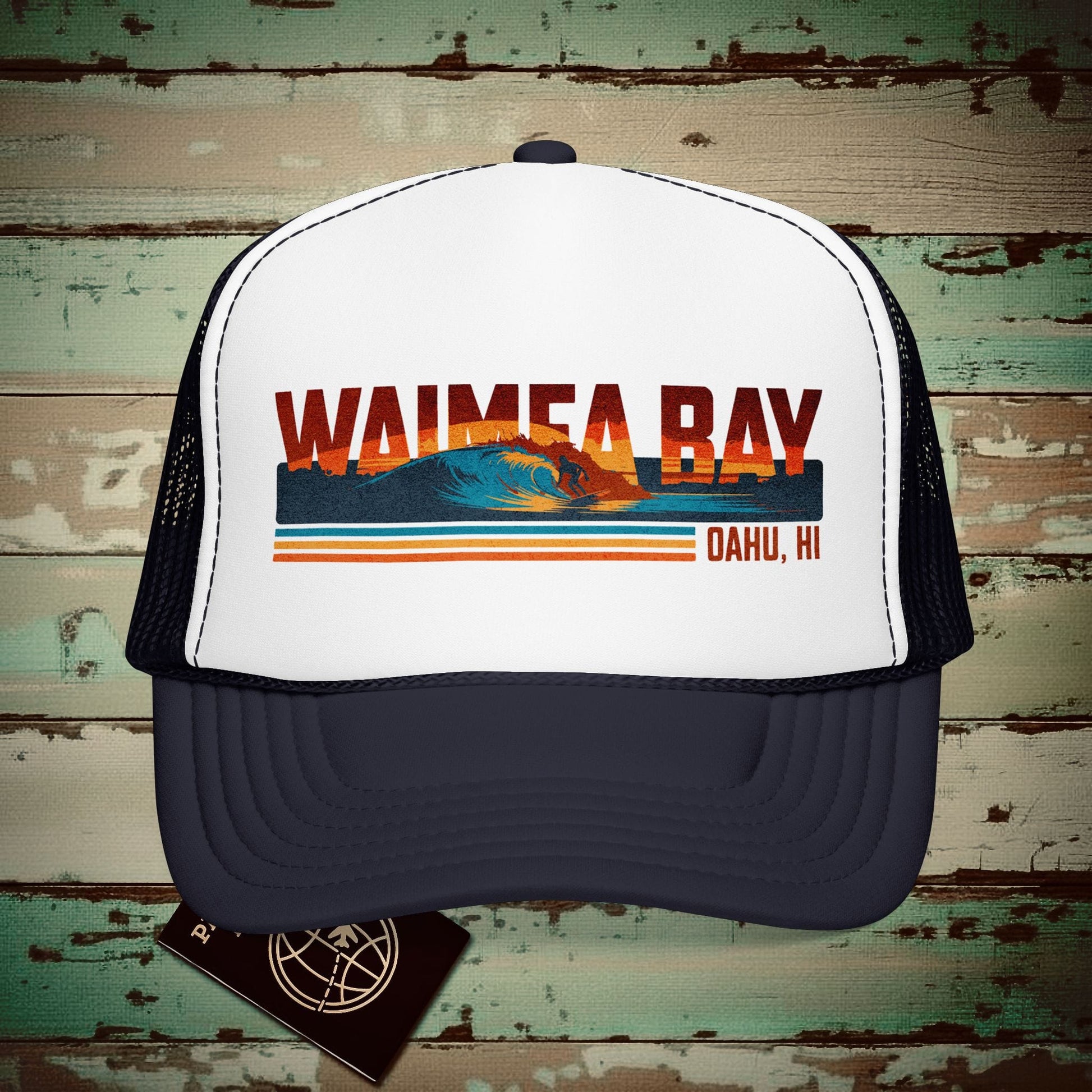 Waimea Bay, Oahu, Hawaii - Vibrant Surf Retro Trucker Hat Navy / White / Navy / One size