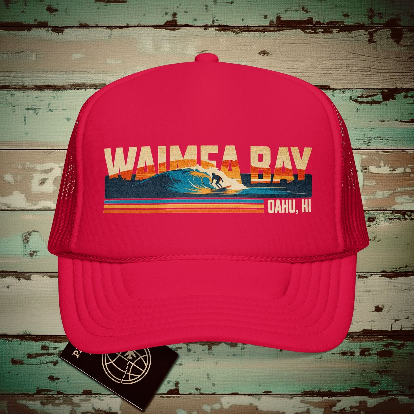 Waimea Bay, Oahu, Hawaii - Vibrant Surf Retro Trucker Hat Red / One size