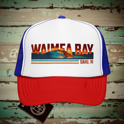 Waimea Bay, Oahu, Hawaii - Vibrant Surf Retro Trucker Hat Red / White / Royal / One size
